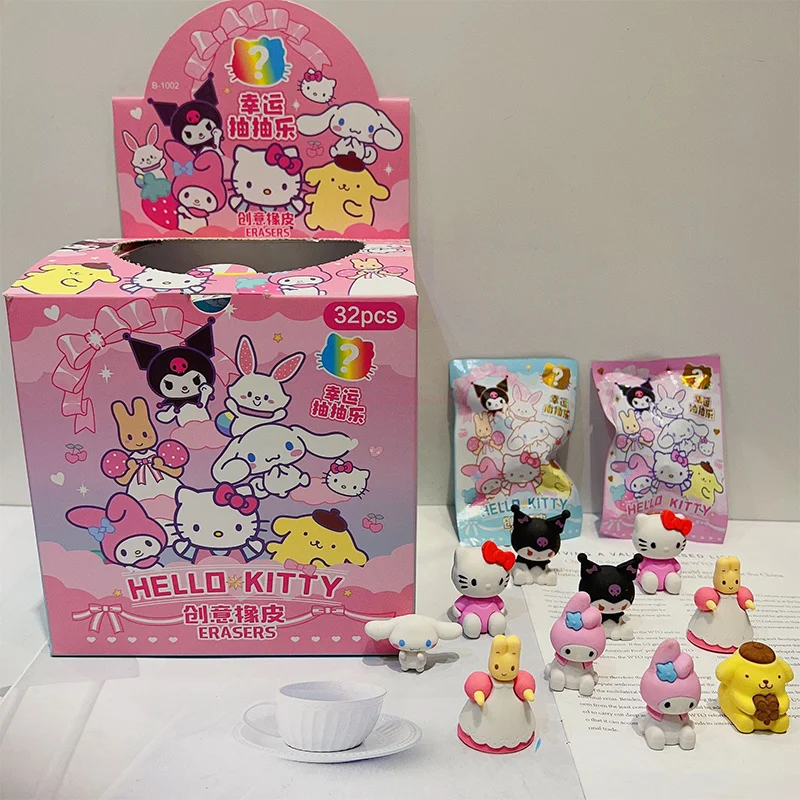 32pcs Sanrio Blind Box Doll Eraser Cartoon Cute Hello Kitty My Melody Kuromi Eraser Mystery Box Student Stationery Birthday Gift