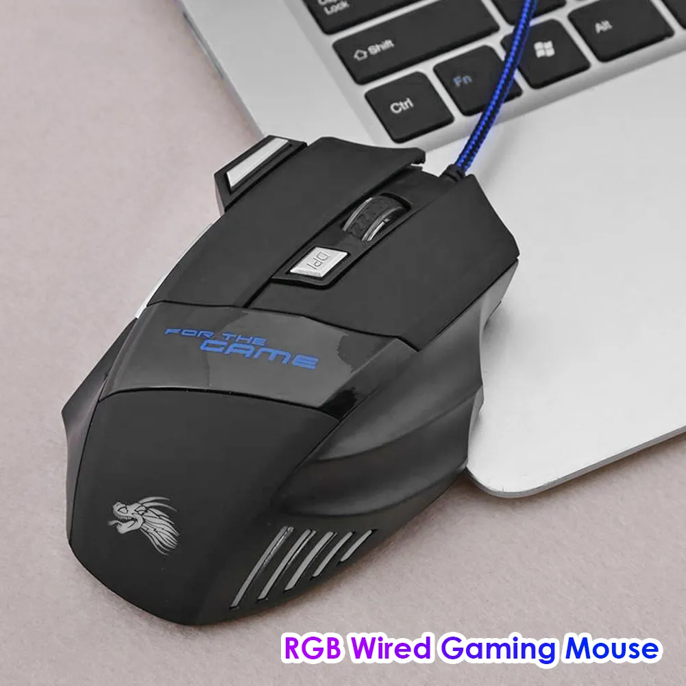 Gaming Mouse 7-Color Backlit 5500 DPI Adjustable Black Wired Optical Computer Gaming Mice for PC Gamer Computer Desktop Notebook