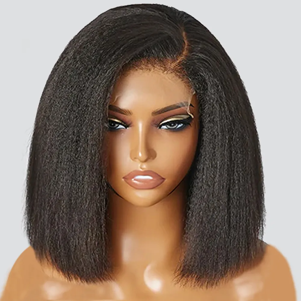 Glueless Kinky Straight 13×4 Lace Front Wig Short Bob Human Hair Wigs Wear And Go Yaki Straight Brazilian Remy PrePlucked Wig