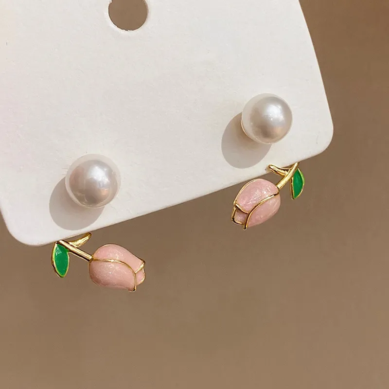 French Light Luxury Pink Tulip Flower Pearl Stud Earrings For Women Korean Zircon Exquisite Earring Party Christmas Jewelry Gift