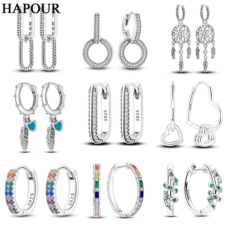 HAPOUR 925 Silver Women Hoop Earrings Fashion Pendientes Gift For Female Girl Sparkling Pave CZ U Heart Shape Star Moon Earring